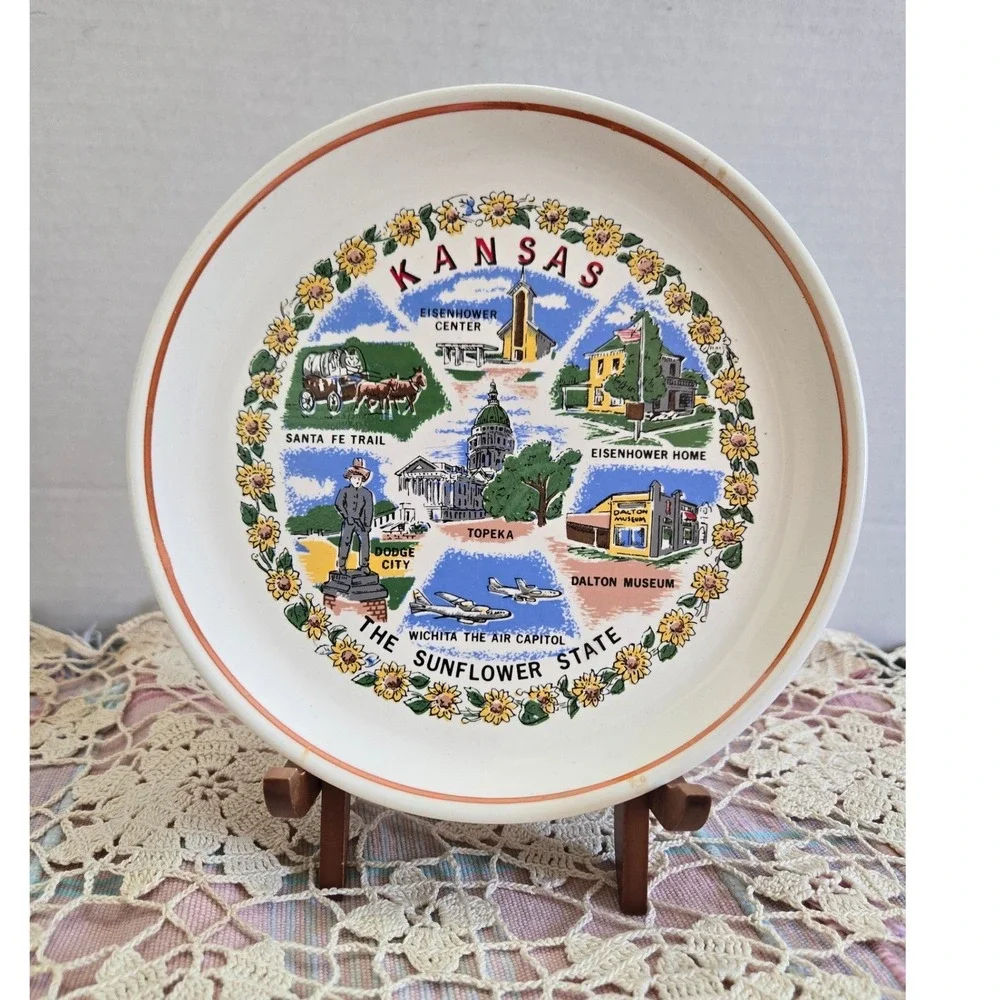Kansas Souvenir Plate The Sunflower State White Vintage Landmarks